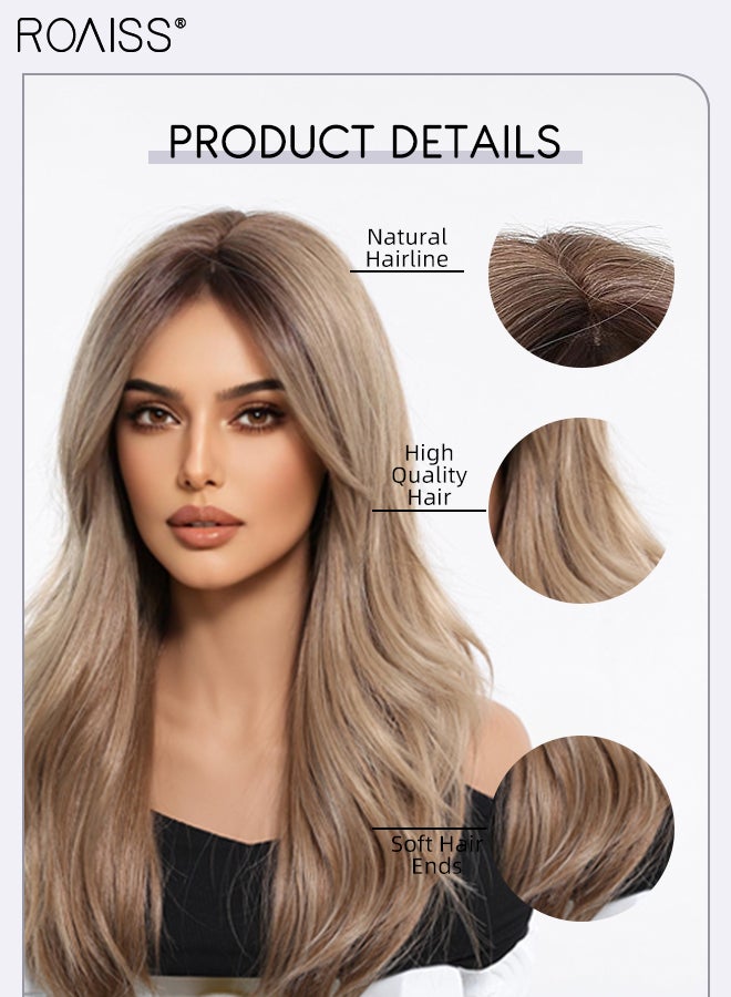 رويس باروكة شعر مستعار صناعي مقاوم للحرارة للنساء، أشقر رمادي مع بني، طويل ومموج، جزء وسطي، مناسب لحفلات الزفاف والتنكر، ارتداؤه يوميًا، مظهر طبيعي، 56 سم (22 بوصة) - Image 4