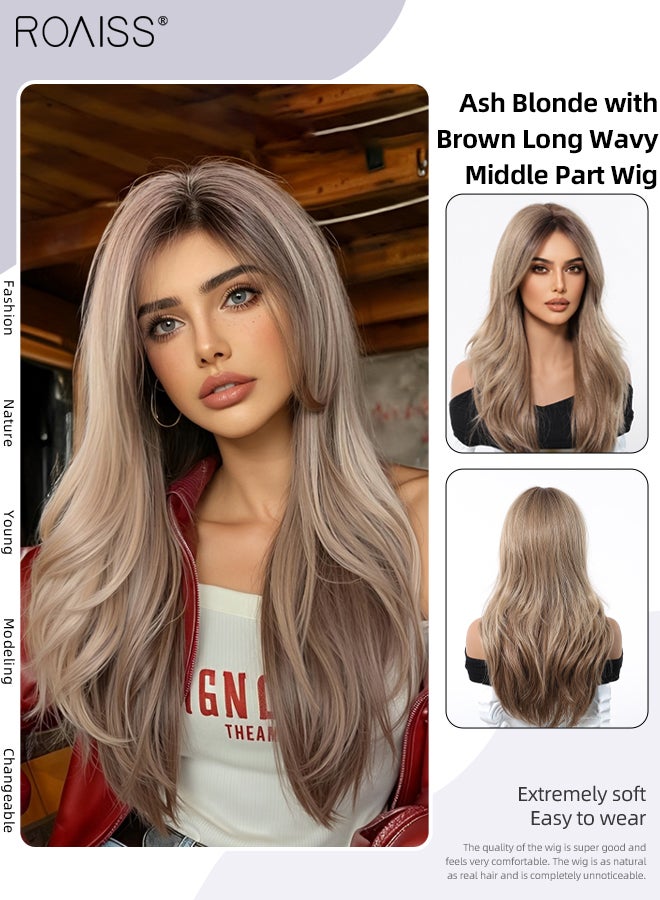 رويس باروكة شعر مستعار صناعي مقاوم للحرارة للنساء، أشقر رمادي مع بني، طويل ومموج، جزء وسطي، مناسب لحفلات الزفاف والتنكر، ارتداؤه يوميًا، مظهر طبيعي، 56 سم (22 بوصة) - Image 1