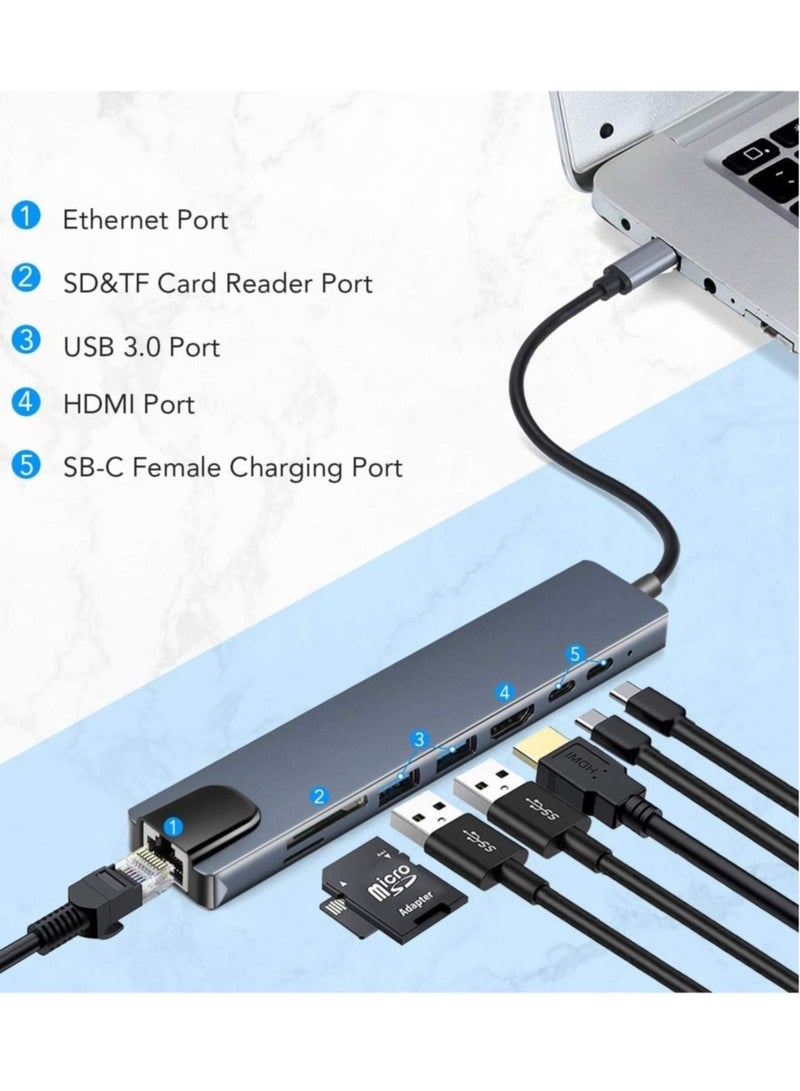 ELTRAZONE USB C Hub (8 in 1 Multifunction Adapter for MacBook & Windows) / USB Docking Station / 4K HDMI, HDTV, SD/TF card, RJ45, USB C - Image 3