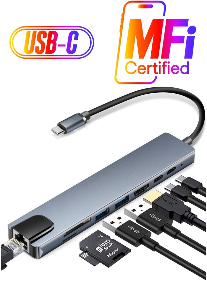ELTRAZONE USB C Hub (8 in 1 Multifunction Adapter for MacBook & Windows) / USB Docking Station / 4K HDMI, HDTV, SD/TF card, RJ45, USB C - Image 1