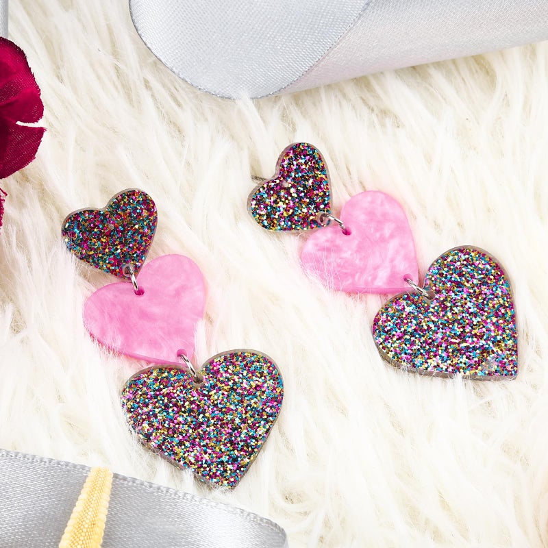 Cifudec Heart Earrings Dangle Valentine's Day Earrings Heart Earrings Cute Love Dangling Heart Earrings for Women (3 Hearts Rainbow) - Image 5
