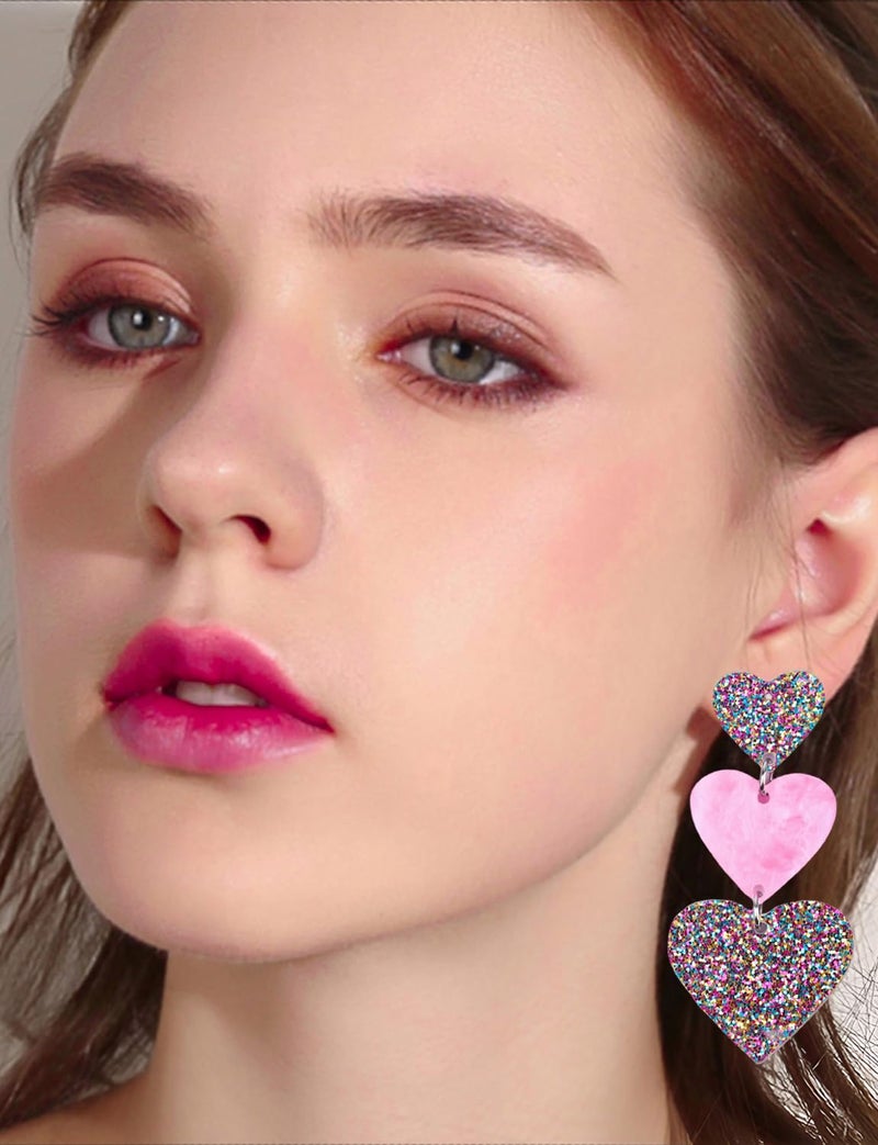 Cifudec Heart Earrings Dangle Valentine's Day Earrings Heart Earrings Cute Love Dangling Heart Earrings for Women (3 Hearts Rainbow) - Image 2