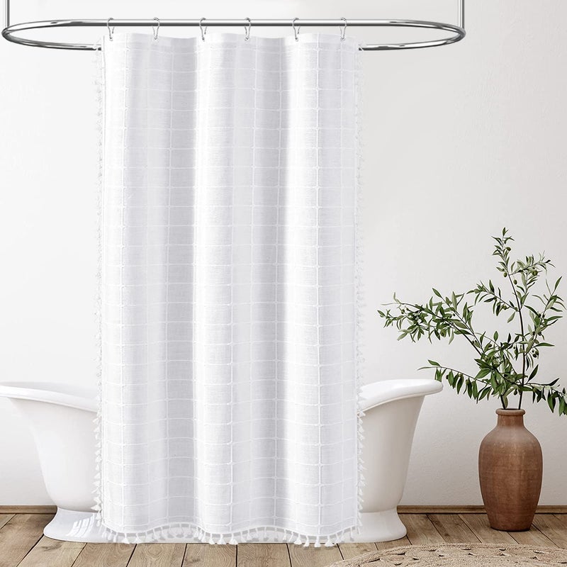 BTTN BTTN Boho Stall Shower Curtain - 36x72 Narrow Linen Ultra Thick Tassel Fabric Shower Curtain Set with 6 Plastic Hooks  Half Camper Modern Farmhouse French Country Shower Curtains for Bathroom - White - Image 1