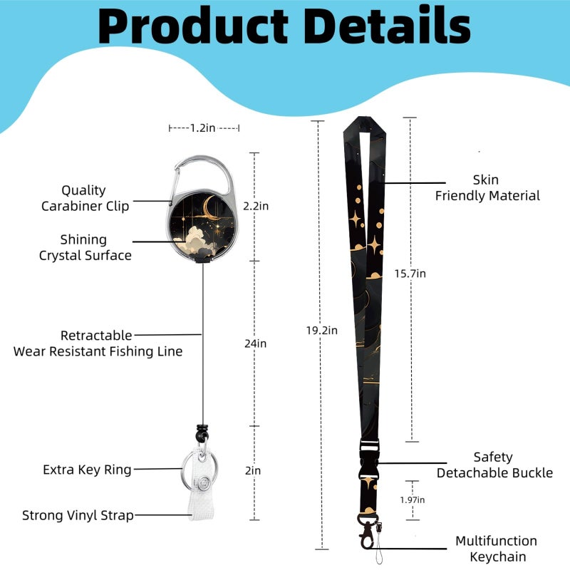 KWSAAHU ID Badge Holder with Lanyard, Detachable Lanyard and Retractable Badge Reel Clip, Vertical ID Protector Bage Clips for Man Woman Nurses Students Teachers Office Workers - Black Gold Celestial - Image 2