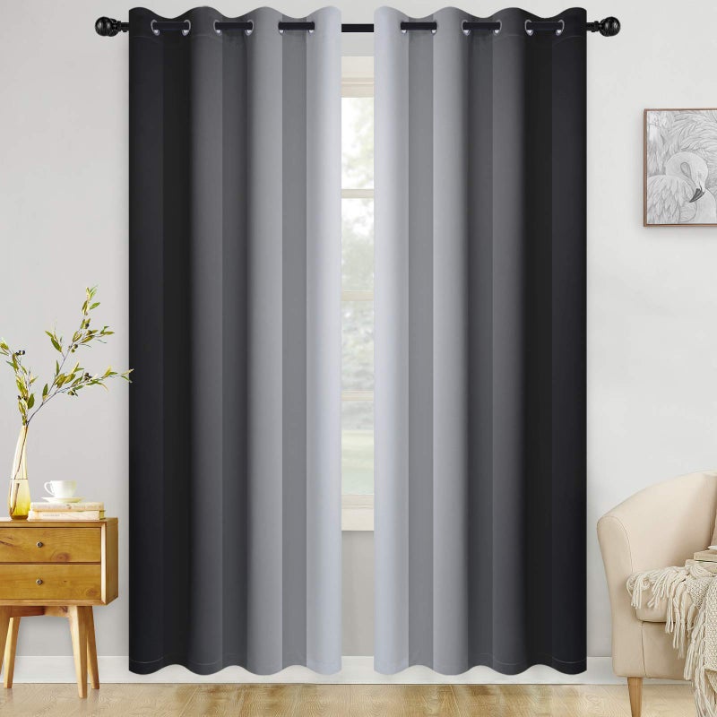 COSVIYA Grommet Ombre Room Darkening Curtains 84 inch Length 2 Panels  Black and Grayish White Gradient Drapes Light Blocking Insulated Thermal Window Curtains for Bedroom/Living Room 52x84 inches - Image 1