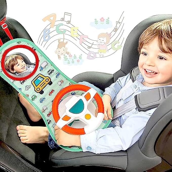 BABY CAR SEAT TOYS FOR INFANTS WITH MIRROR, CARSEAT TOYS STEERING WHEEL WITH MUSIC LIGHTS AND DRIVING SOUNDS, TRAVEL CAR SEAT TOY FOR INFANTS BABIES 6 TO 12 MONTHS - Image 2