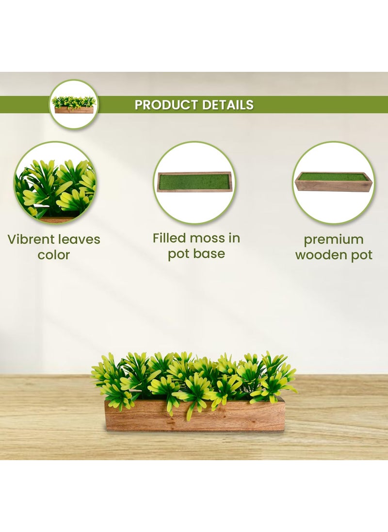 fancymart fancymart Artificial Plant Leaves in a Stylish Wooden Planter Perfect Home Dcor Item Height 14cm x Width 30 cm  - Image 3
