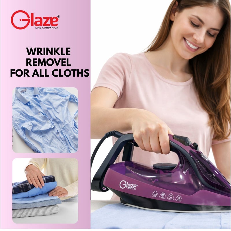 جليز مكواة بخار بقوة 2600 واط، قاعدة سيراميك، خاصية تعزيز البخار القوي، تحكم قابل للتعديل في درجة الحرارة، مانعة للتنقيط، مانعة لتراكم الكلس، إيقاف تشغيل تلقائي، مكواة ملابس سريعة التسخين - بنفسجي - Image 3