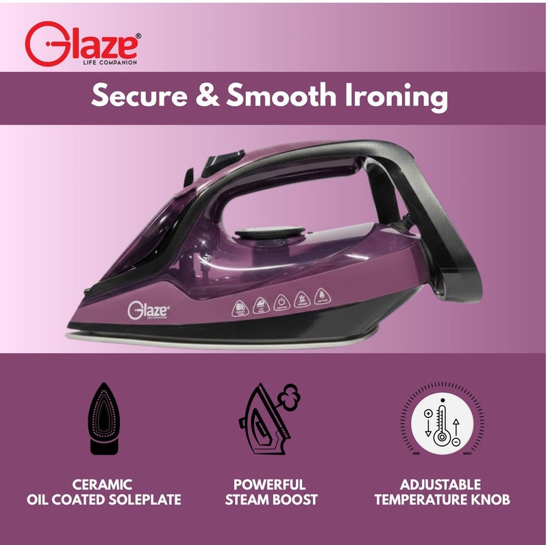 جليز مكواة بخار بقوة 2600 واط، قاعدة سيراميك، خاصية تعزيز البخار القوي، تحكم قابل للتعديل في درجة الحرارة، مانعة للتنقيط، مانعة لتراكم الكلس، إيقاف تشغيل تلقائي، مكواة ملابس سريعة التسخين - بنفسجي - Image 4