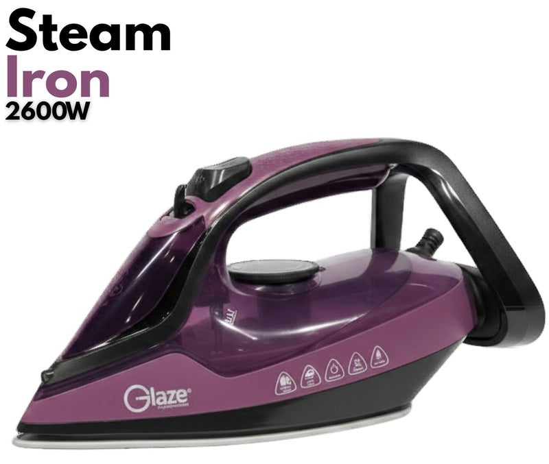جليز مكواة بخار بقوة 2600 واط، قاعدة سيراميك، خاصية تعزيز البخار القوي، تحكم قابل للتعديل في درجة الحرارة، مانعة للتنقيط، مانعة لتراكم الكلس، إيقاف تشغيل تلقائي، مكواة ملابس سريعة التسخين - بنفسجي - Image 1