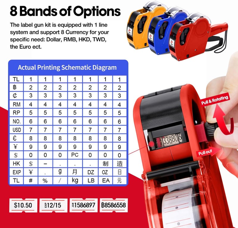 KPX MX5500 Pricing Tag Gun with 5150 pcs White Label Gun Stickers & 3 Extra Inker Rollers, Pricing Label Gun, 8 Digits Retail Pricing Gun and Labels for Grocery Store, Food (Red) - Image 3