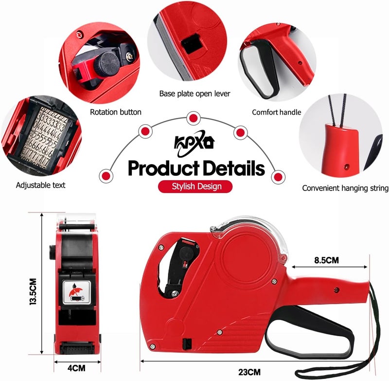 KPX MX5500 Pricing Tag Gun with 5150 pcs White Label Gun Stickers & 3 Extra Inker Rollers, Pricing Label Gun, 8 Digits Retail Pricing Gun and Labels for Grocery Store, Food (Red) - Image 2
