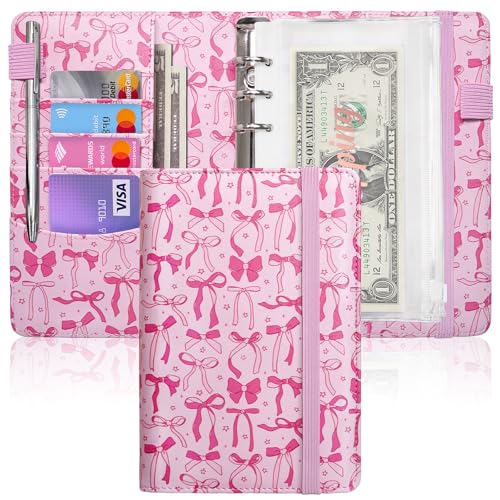 Zreal A6 Budget Binder for Money Saving, PU Leather Budget Planner with 8 Cash Envelopes, Budget Sheets & Rose Gold Category Stickers, Money Organizer for Cash (Pink Bow) - Image 1