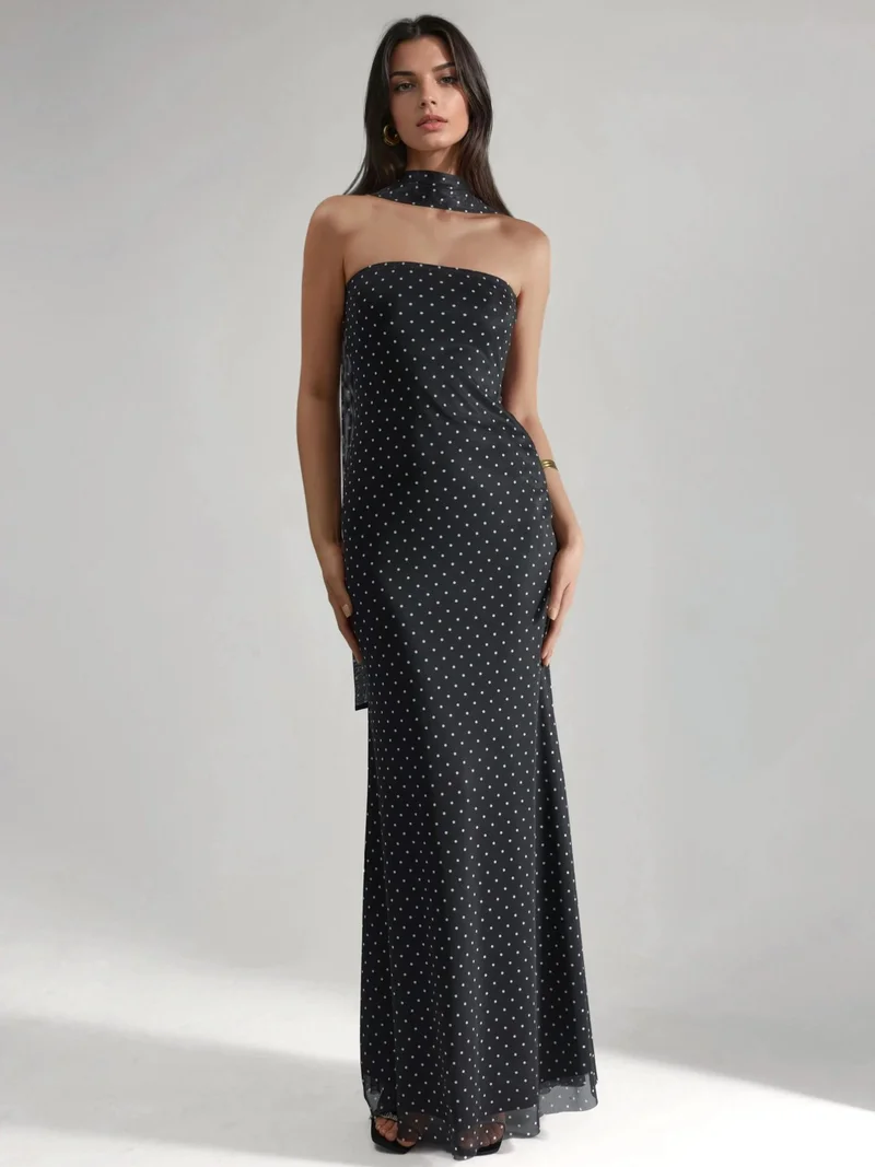 هيكاب Polka Dot Strapless Maxi Dress with Scarf Detail