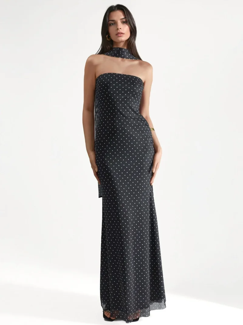 هيكاب Polka Dot Strapless Maxi Dress with Scarf Detail