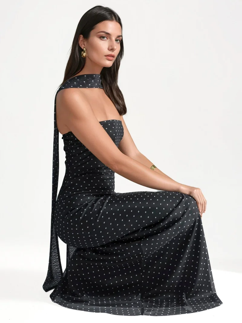 HICCUP Black Polka Dot Strapless Maxi Dress with Scarf Detail for Women | Best Price UAE