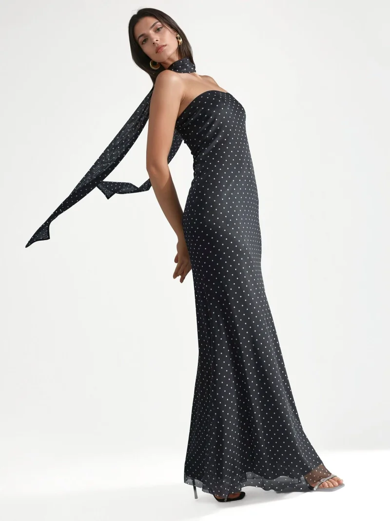 هيكاب Polka Dot Strapless Maxi Dress with Scarf Detail