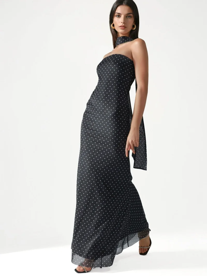 HICCUP Black Polka Dot Strapless Maxi Dress with Scarf Detail for Women | Best Price UAE
