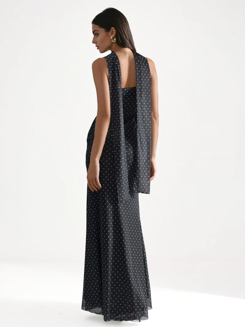 HICCUP Black Polka Dot Strapless Maxi Dress with Scarf Detail for Women | Best Price UAE