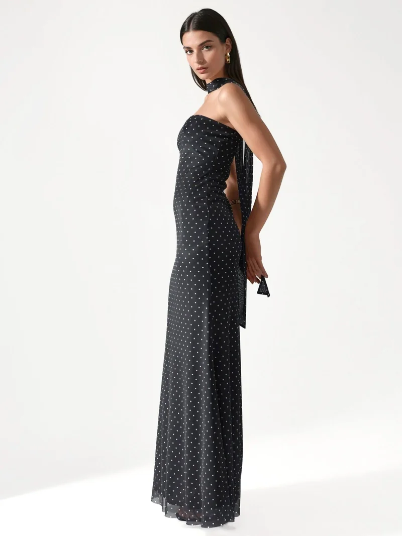 HICCUP Black Polka Dot Strapless Maxi Dress with Scarf Detail for Women | Best Price UAE