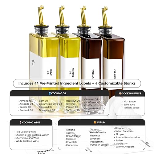 Spaceneat Olive Oil Dispenser Bottle - Includes 44 Kitchen Essential Labels - Cooking Oil Bottles for Kitchen, Coffee Syrup Dispenser - Pourer Spout with 11.8 fl oz Glass Container Cruet - 4pcs, Gold - Image 2