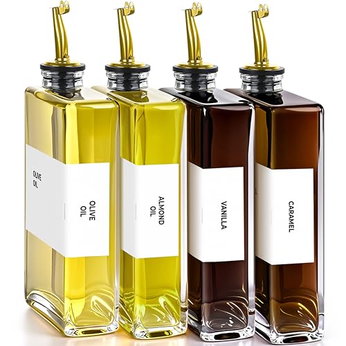 Spaceneat Olive Oil Dispenser Bottle - Includes 44 Kitchen Essential Labels - Cooking Oil Bottles for Kitchen, Coffee Syrup Dispenser - Pourer Spout with 11.8 fl oz Glass Container Cruet - 4pcs, Gold - Image 1