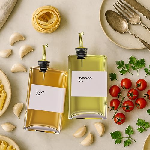 Spaceneat Olive Oil Dispenser Bottle - Includes 44 Kitchen Essential Labels - Cooking Oil Bottles for Kitchen, Coffee Syrup Dispenser - Pourer Spout with 11.8 fl oz Glass Container Cruet - 4pcs, Gold - Image 5