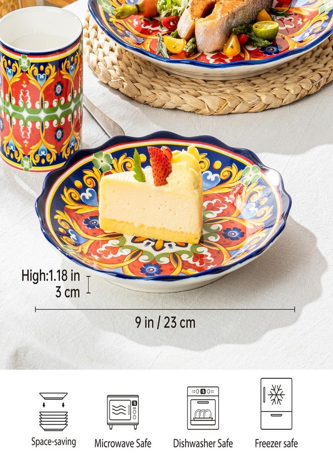 UNICASA Ceramic Dessert Plate Set of 4, 9 Inch Snack Plates with Scalloped Edges – Serving Dishes for Salad, Cake, Cheese, Vibrant Boho Decoration, Microwave & Dishwasher Safe - Image 2