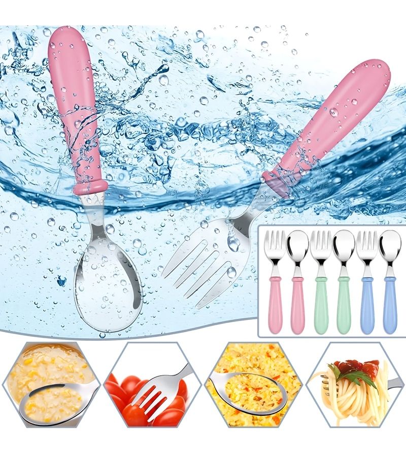 Set Of 6 Blue Green Pink 304 Stainless Steel Creative Cute Round Handle Forks And Spoons Reusable Tableware Salad Dessert Steak Rice Noodle Soup Congee Snack Fruit Breakfast Lunch Dinner Family Restaurant Camp Picnic Birthday Party Easter Gift - Image 5