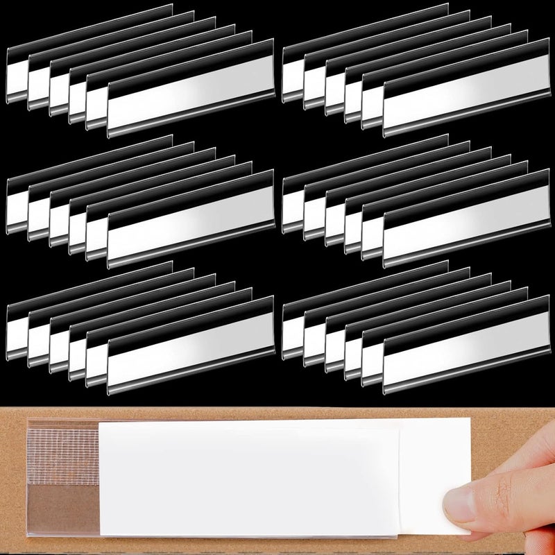 Cindeer 72 Pieces Shelf Tag Label Holders Adhesive Wire Self Label Holder Clear Plastic Shelf Tag Holders Price Tag Holder for Supermarket School Library Bookshelves Mailbox Storage Bins (3 x 1 Inch) - Image 1