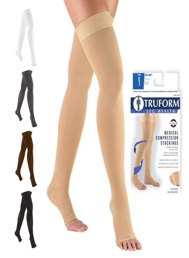 ترو فورم جوارب ضغط Truform للرجال والنساء، بضغط 20-30 مم زئبق، تصل إلى أعلى الفخذ، منقطة من الأعلى، مفتوحة من الأمام، بيج، مقاس صغير - Image 1