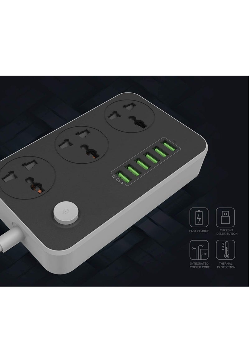 ELTRAZONE Universal Power Strips 3 Way Outlets 6 USB Plug Ports Surge Protection Power Socket Switch Portable Charger Fast Charging with 2M Wall Plug Adapter Extension Cord with Fuse and Shutter Extension Lead  - Image 4