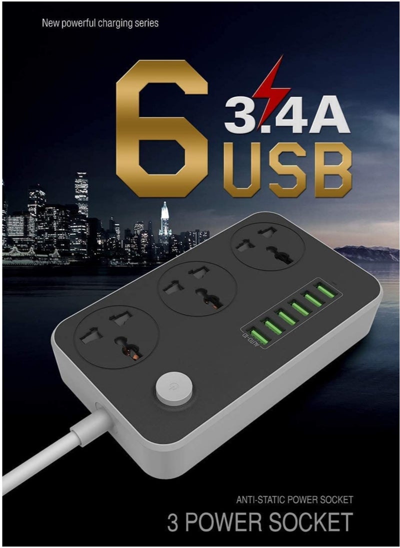 ELTRAZONE Universal Power Strips 3 Way Outlets 6 USB Plug Ports Surge Protection Power Socket Switch Portable Charger Fast Charging with 2M Wall Plug Adapter Extension Cord with Fuse and Shutter Extension Lead  - Image 2