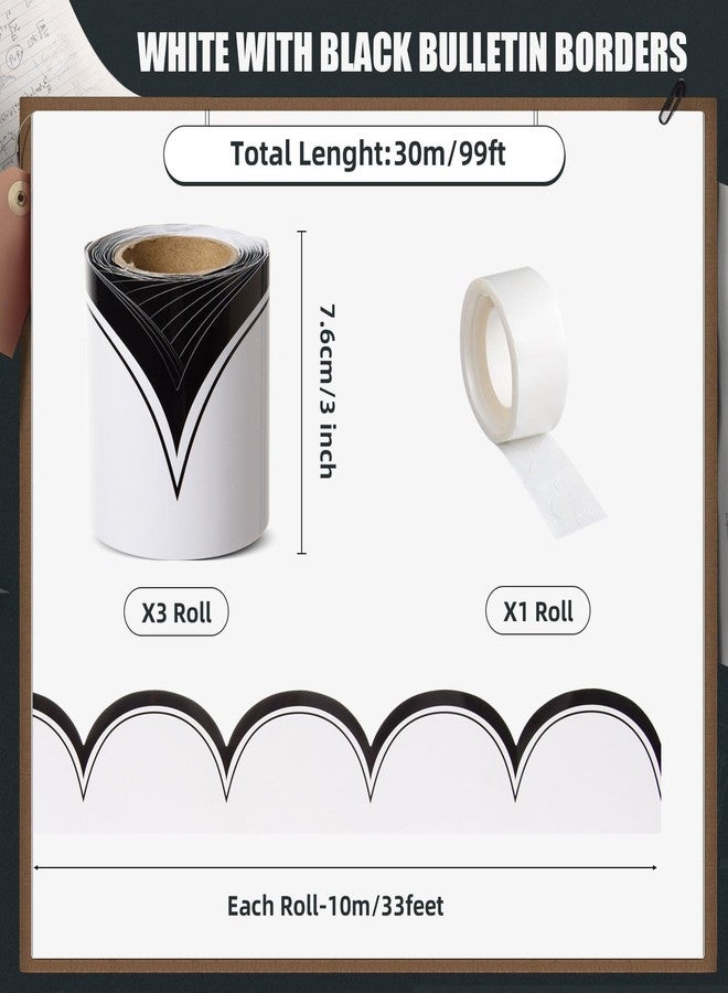 FOBSME 99 Ft White with Black Bulletin Board Border White with Black Scalloped Border Trim Decorative Classroom Die-Cut Rolled Borders for Classroom Office Wall Locker Back to School Decor,3 Roll - Image 2