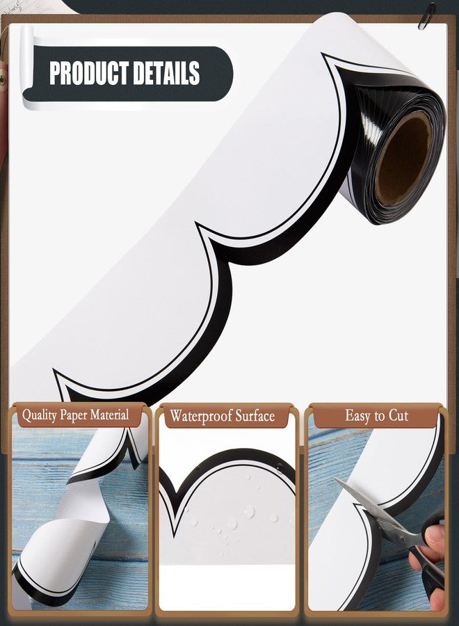 FOBSME 99 Ft White with Black Bulletin Board Border White with Black Scalloped Border Trim Decorative Classroom Die-Cut Rolled Borders for Classroom Office Wall Locker Back to School Decor,3 Roll - Image 3