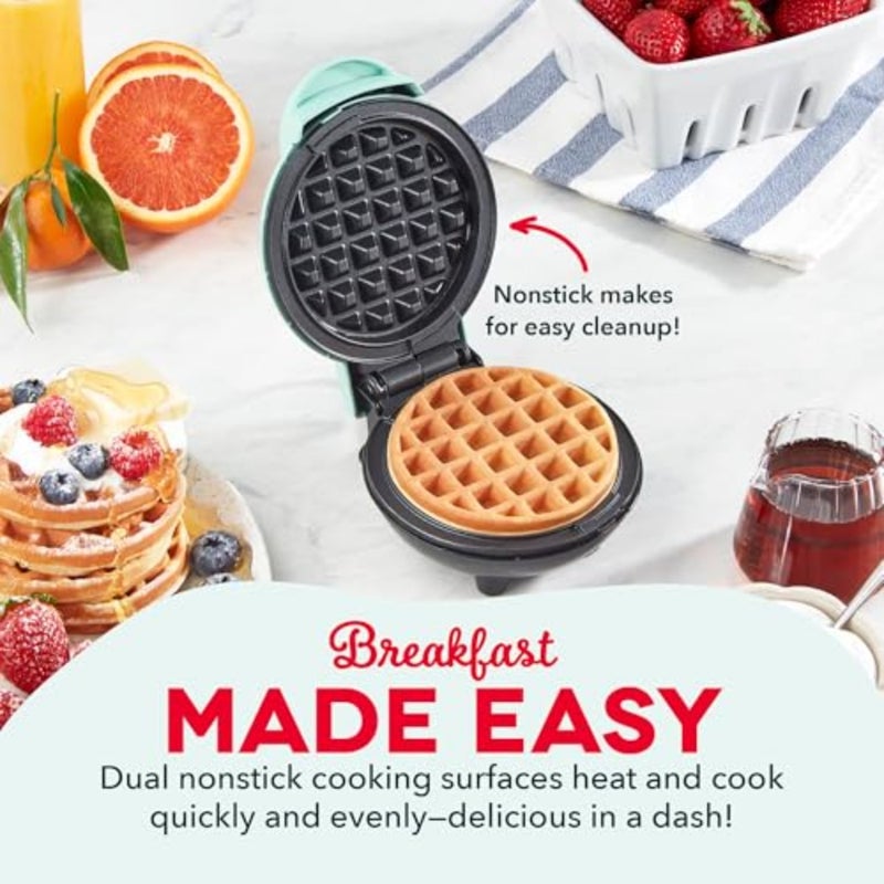 Mini Waffle Maker Machine For Individuals, Paninis, Hash Browns, and Other On The Go Breakfast, Lunch, Or Snacks With Easy To Clean, Non-Stick Sides, 4 Inch, Aqua - Image 3