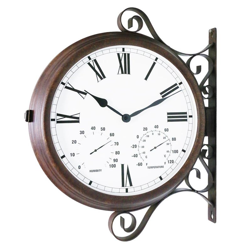 BESTIME MT32 Threeinone Double Sided Metal Wall ClockQuietEasy ReadAntique Hanging ClocksGardenIndoorOutdoorHome DcorFarmhouseStation
