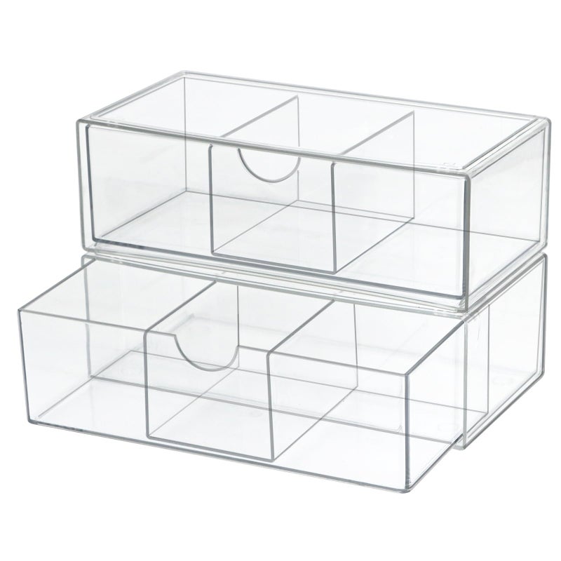 ZEXALOR Set of 2 Stackable Storage Drawers - 7.8" Clear Plastic Drawer Storage, Acrylic Makeup Organizer, Desk Counter Cabinet Office Organizer, Bathroom Organizers and Storage (3 Grid/Set of 2) - Image 1
