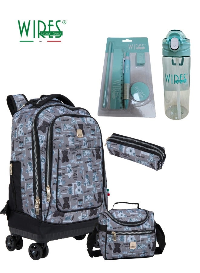 Wires 5 Piece Kids School Trolley Bag laptop compartment 4 Wheels With Lunch bag & Pencil Case - Image 1