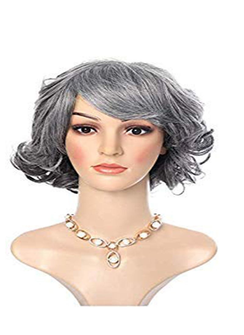Generic - Short Wig Small Curly Hair And Fluffy Wig Silver Grey Gradual Change, For Old Middle Aged And Elderly Women Granny Cosplay - Image 1