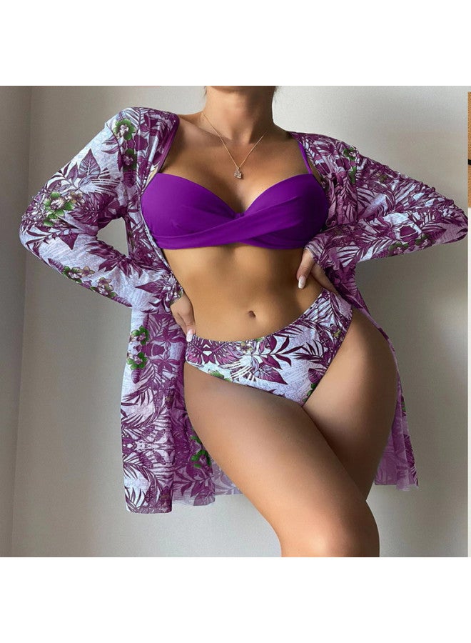 2022 Swimsuit European And American Three-Piece Mesh Long-Sleeved Sunscreen Bikini Split Bikin Women-Color:peacock Blue- - Image 4