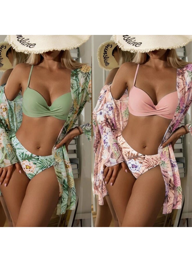 2022 Swimsuit European And American Three-Piece Mesh Long-Sleeved Sunscreen Bikini Split Bikin Women-Color:peacock Blue- - Image 3
