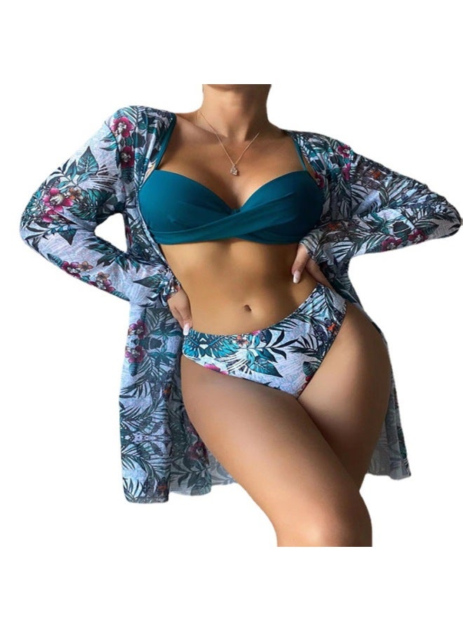 2022 Swimsuit European And American Three-Piece Mesh Long-Sleeved Sunscreen Bikini Split Bikin Women-Color:peacock Blue- - Image 5