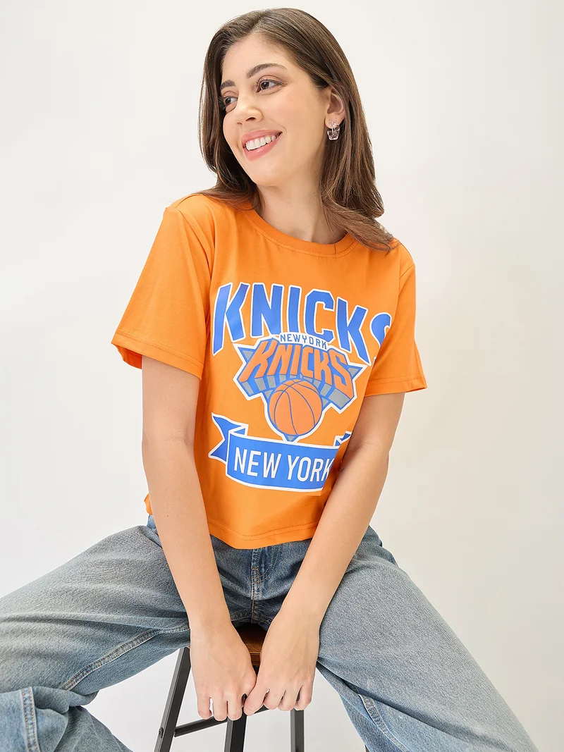 Women Typography Printed Round Neck Cotton Oversized Trendy Crop T-Shirt