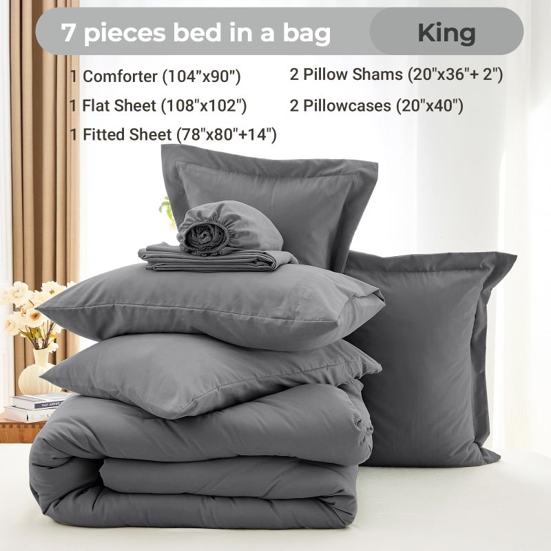 MUXHOMO 7 Pieces King Comforter Set, Soft Bed in a Bag King Size, All Season Bedding Set with Comforter, Flat Sheet, Fitted Sheet, Pillowcases & Shams, Dark Grey - Image 4