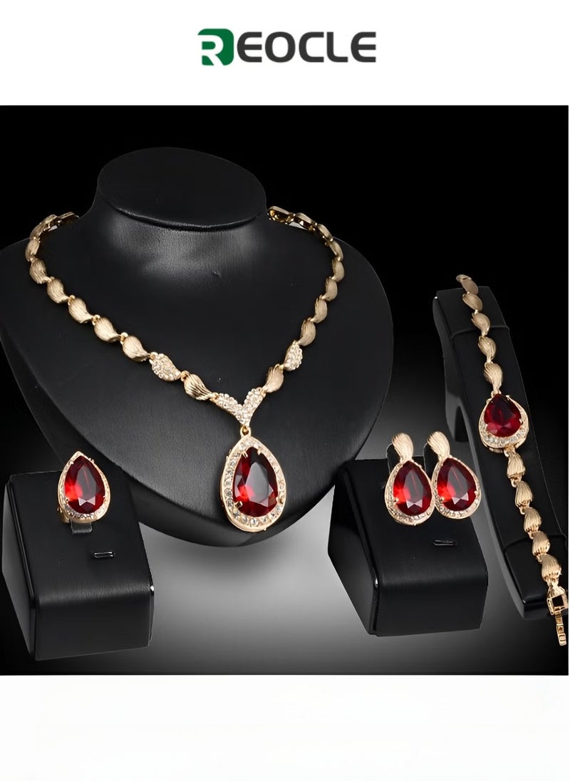 REOCLE Women's Jewelry Set Luxury Africa Dubai 18k Gold Plated Set Rhinestone Crystal Necklace Earrings Bracelet Ring Set for Brides & Party & Prom & Wedding  - Image 1