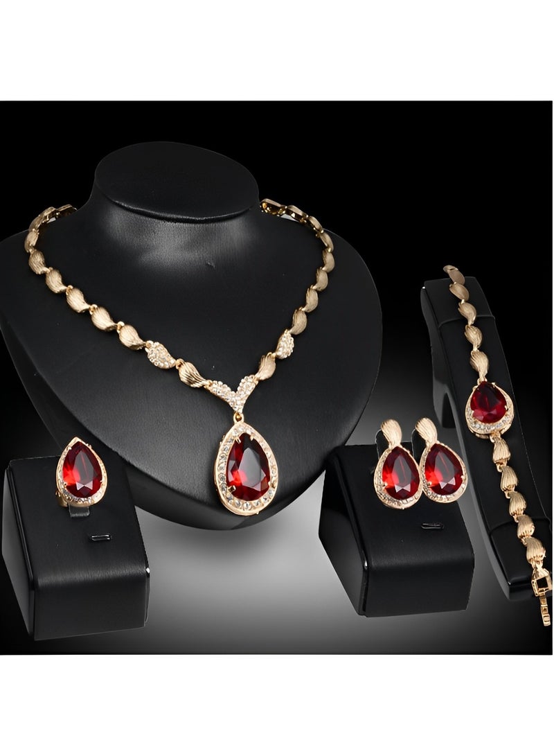 REOCLE Women's Jewelry Set Luxury Africa Dubai 18k Gold Plated Set Rhinestone Crystal Necklace Earrings Bracelet Ring Set for Brides & Party & Prom & Wedding  - Image 2