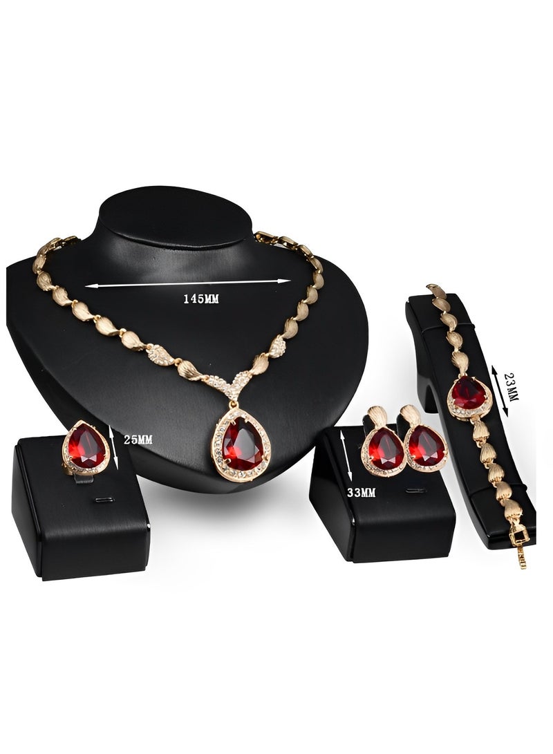 REOCLE Women's Jewelry Set Luxury Africa Dubai 18k Gold Plated Set Rhinestone Crystal Necklace Earrings Bracelet Ring Set for Brides & Party & Prom & Wedding  - Image 4
