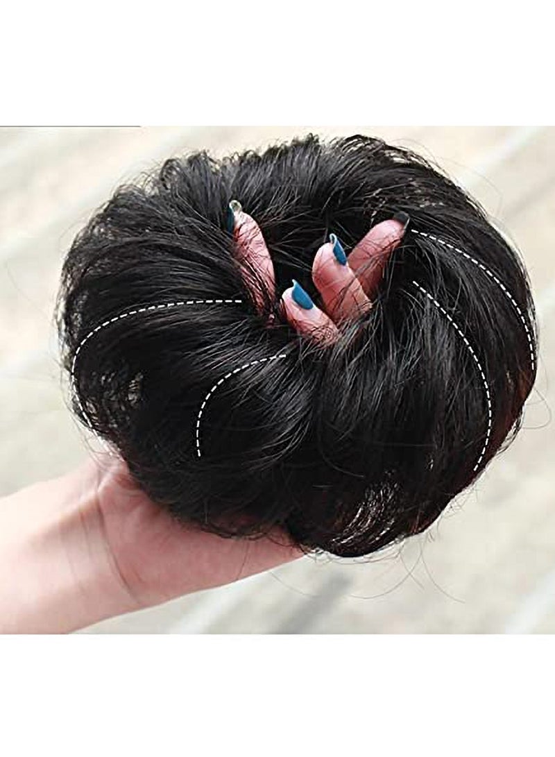 إستيل فوضوي الشعر سكرانشي مع شريط مطاطي مرن ذيل حصان وصلات شعر أوبدو تشينيون دونات ذيل حصان شعر صناعي مجعد للنساء (اللون # أسود طبيعي 2) - Image 5