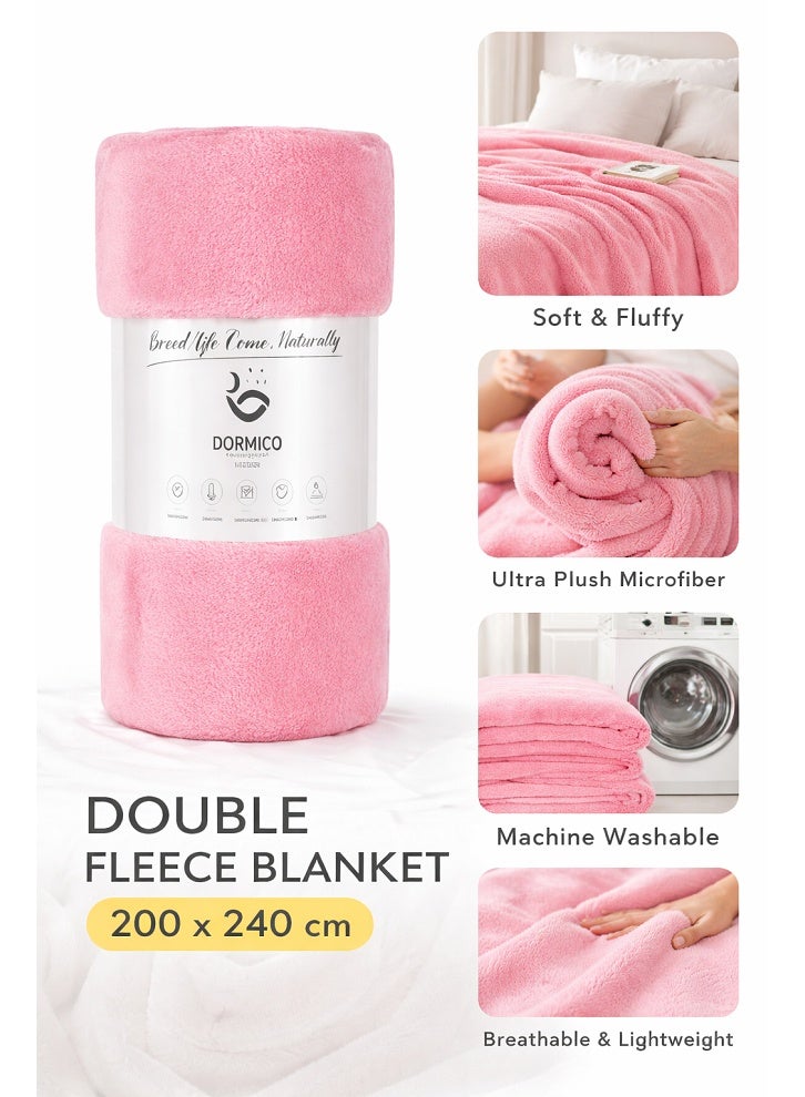 DORMICO Double Fleece Blanket 200x240cm Microfiber Soft Warm Lightweight Breathable Plain Pink - Image 3